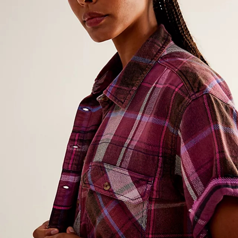 NWT…We the Free Vintage Crush Plaid Shirt purple combo. Size Medium - Picture 3 of 4